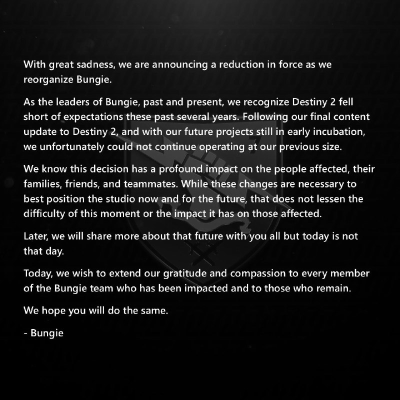 Bungie宣布将进行新一轮裁员，并同步调整组织架构，以更好地面向现在与未来发展