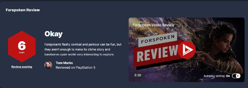 SE夜光组新作动作RPG《Forspoken》媒体评分解禁，目前M站均分68分，共有55家媒体参与，其中IGN打出了60分并评价：虽然跑酷和战斗很有趣，但是无法支撑起本身简单的开放世界和平凡的剧情
