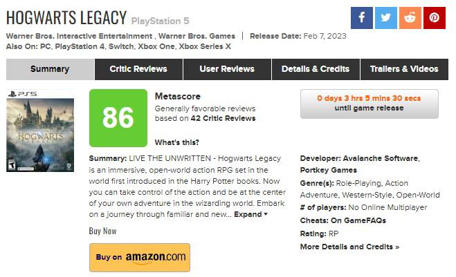 《霍格沃茨之遗》媒体评分解禁，目前M站均分86分，收录42家媒体，部分媒体评分如下：Push Square 8/10、VGC 4/5、Game Rant 4.5/5，其中IGN给出了9分并评价到：本作是系列粉丝绝对值得一玩的《哈利波特》RPG游戏，开放世界冒险带来了不少挑战和探索乐趣，几乎还原了魔法世界应有的样子
