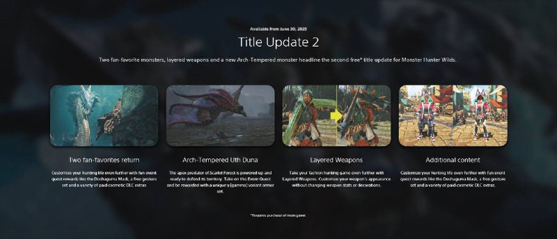 #传闻《怪物猎人 荒野》第二次免费更新将于6月30日上线，PlayStation网站提前放出了介绍内容，目前已删除