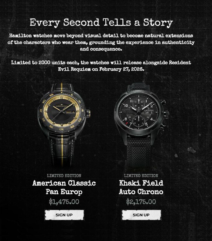 《生化危机 安魂曲》× 汉密尔顿联名手表公开，售价分别为 2,175 美元和 1,475 美元