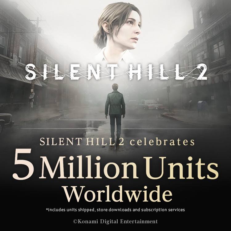 KONAMI今日宣布，《寂静岭2 重制版》全球累计销量突破500万份，涵盖PC、PS5以及XBOX Series X|S平台上的数位与实体销售、商店下载及订阅服务