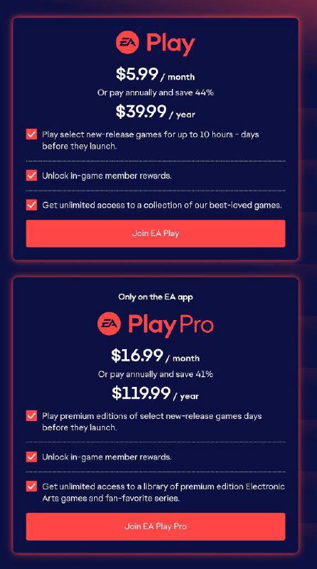 EA准备提高EA Play的订阅价格，标准版费用从每月4.99美元提升至5.99美元，年费从29.99美元提升至39.99美元；EA Play Pro费用从每月14.99美元提升至16.99美元，年费从99.99美元提升至119.99美元