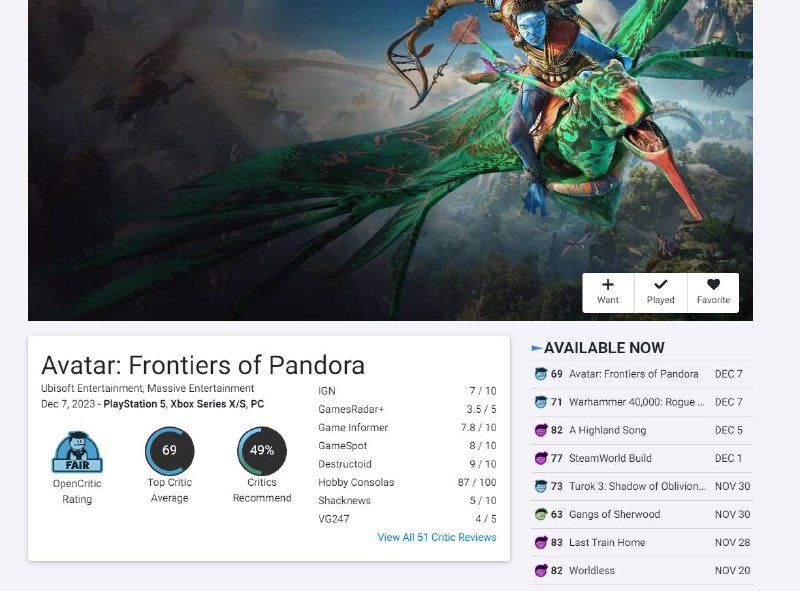 《阿凡达：潘多拉边境》媒体评分现已解禁，目前M站均分为73分，共收录65家媒体，其中IGN7分、Gamespot8分