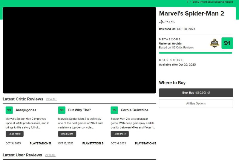 《漫威蜘蛛侠2》媒体评分现已解禁，目前M站均分为91分，共收录112家媒体，其中IGN和Gamespot均给出了8分