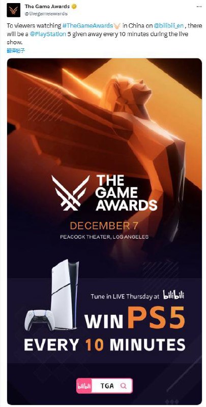 TGA今日推文表示，B站颁奖典礼直播间将每十分钟抽一台PS5进行赠送