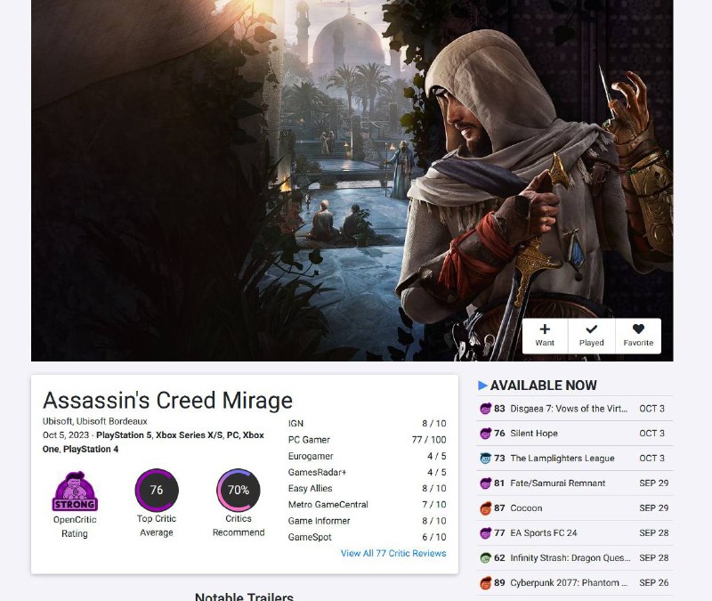 《刺客信条：幻景》媒体评分现已解禁，目前PS版M站均分为77分，共收录57家媒体，其中IGN和给出了8分的评分