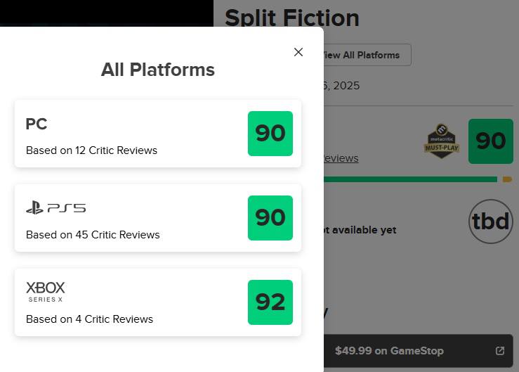 《双影奇境》外媒评分解禁，MC均分：PS5版 90分（61家媒体）、XSX丨S版 92分（6家媒体）、PC版 91分（16家媒体）IGN/9分一款精心打造的合作冒险游戏，它在各种游戏类型的极致之间穿梭跳跃，如同一场过山车般的体验，不断刷新着游戏创意与风格——令人难以自拔