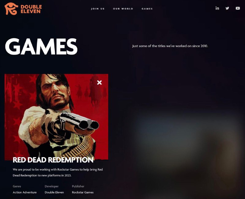 PS4/Switch《荒野大镖客 救赎》由 Double Eleven Studios 负责移植制作，他们曾参与部分知名游戏的联合开发工作：《辐射 76》；《我的世界 地下城》；《除暴战警 3》，负责 Win 10 版游戏的战役和 Wrecking Zone 在线 PvP 模式；《地狱边境》，负责 Xbox One 和 PSV 版移植；《小小大星球 PSV》，与 Tarsier Studios 和 XDEV Sony Europe 联合开发