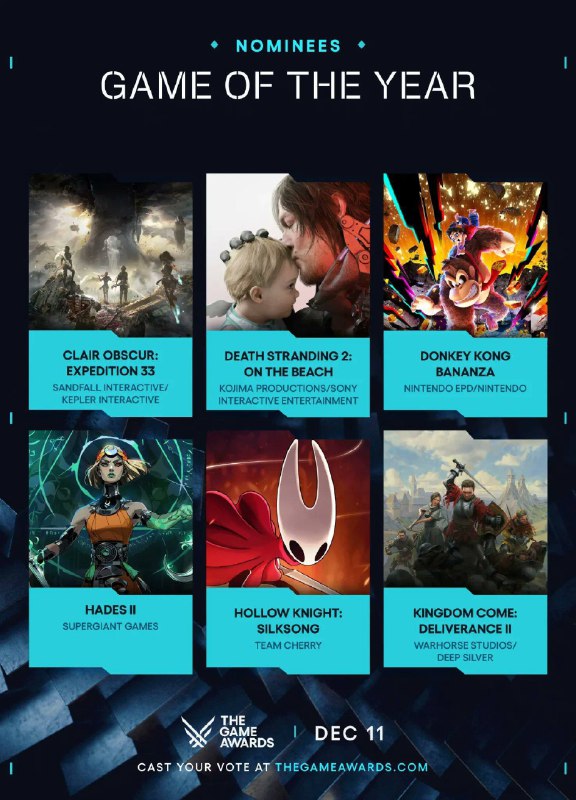 #TGA2025TGA2025年度游戏提名公布，今年的颁奖典礼预定于12月11日举办