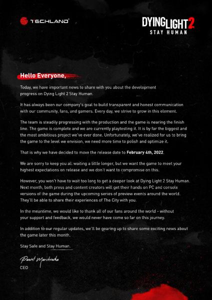 Techland 宣布《消逝的光芒2:坚守人性》延迟至2022年2月4日登陆PS5 / PS4 / Xbox Series X|S / Xbox One / PC