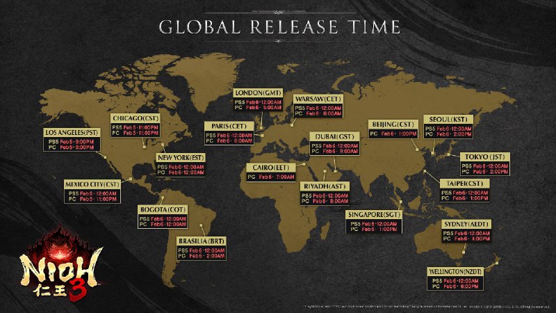 《仁王3》全球解禁时间公开，本作将于北京时间2月6日0点登陆PS5，下午1点登陆Steam