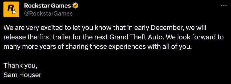 🧩 今日宣布，将于12月初公布《侠盗猎车手》新作预告以庆祝工作室25周年