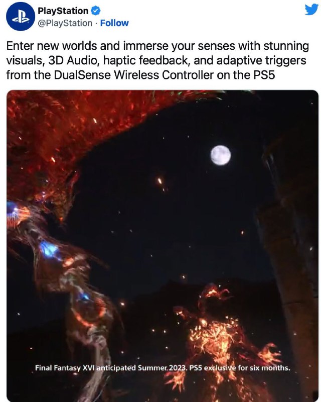 索尼官方社交账号今日放出了一段PS5主机宣传片，根据其中的内容显示，新作《最终幻想16》将在PS5平台上限时独占6个月