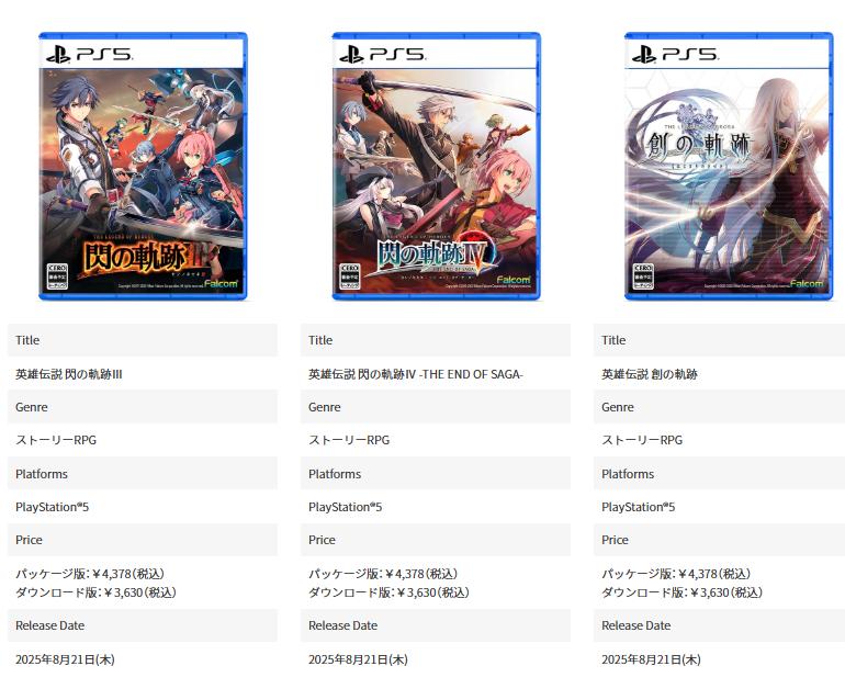 FALCOM宣布RPG《英雄传说：闪之轨迹3》《英雄传说：闪之轨迹4》《英雄传说：创之轨迹》PS5版将于8月21日发售，分为实体版与数字版，现已开放预订