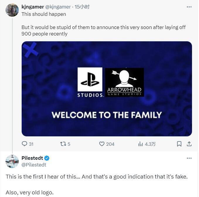《绝地潜兵 2》开发商Arrowhead的首席执行官约翰·皮莱斯特否认索尼收购传闻：我第一次听说这件事，Logo是很久以前的