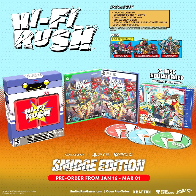 Limited Run Games《完美音浪》PS5和Xbox实体版将于1月16日至3月1日期间开启预售，分为三种版本：Rhythm版售价39.99美元；Smidge Edition版售价69.99美元；Armstrong Edition版售价174.99美元，均包含豪华版游戏和三个服装DLC