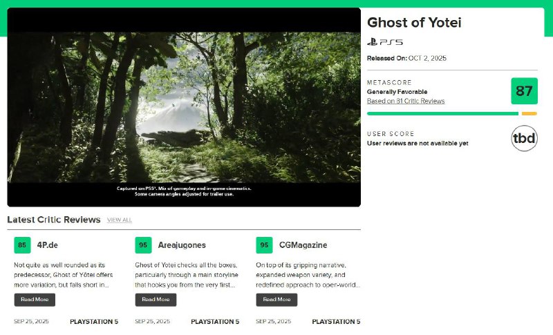 《羊蹄山之魂》全球媒体评分解禁，目前M站均分87分，共收录84家媒体评测