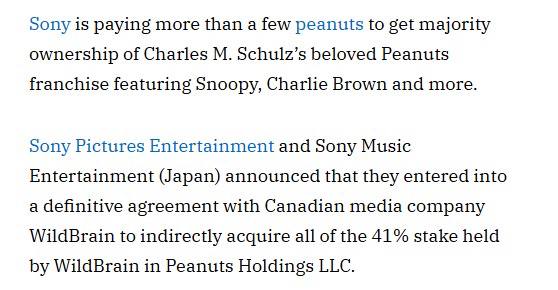 据Variety报道，索尼将以约4.57亿美元的价格，从WildBrain手中收购其在《花生漫画》版权方Peanuts Worldwide LLC 所持有的41%股权，从而获得对该经典IP（包括史努比、查理·布朗等角色）的多数所有权