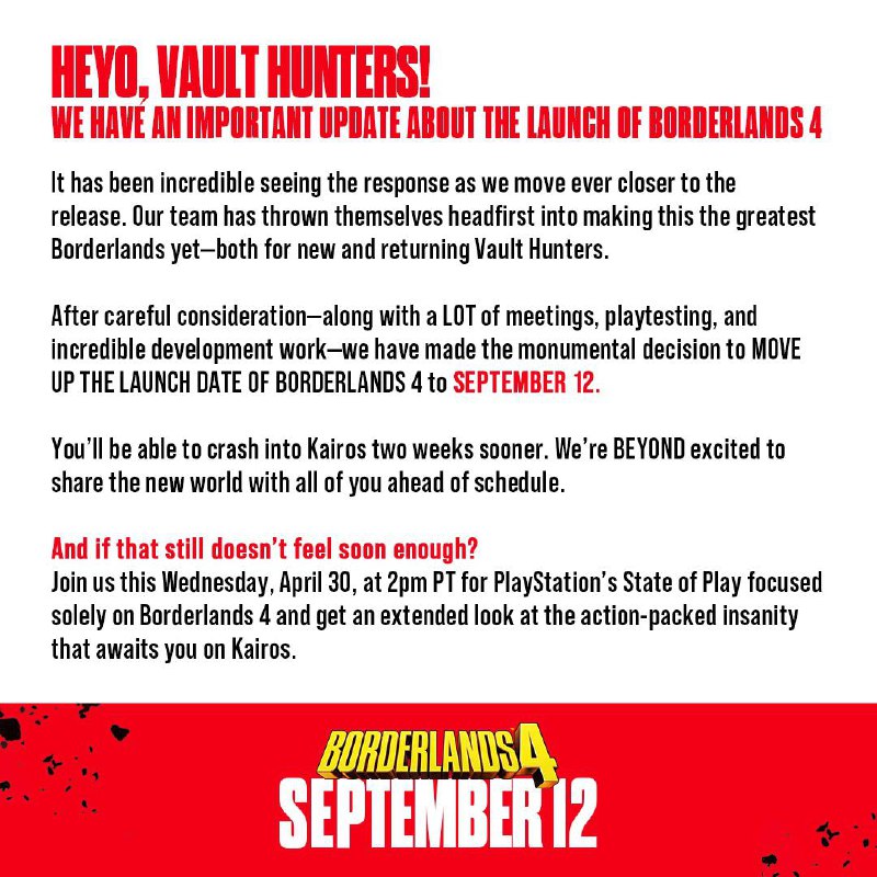 2K 将《无主之地 4》的发布日期提前至 2025年9月12日，明天下午2点（太平洋时间）PlayStation 将播出专门针对《无主之地 4》的 “State of Play” 节目