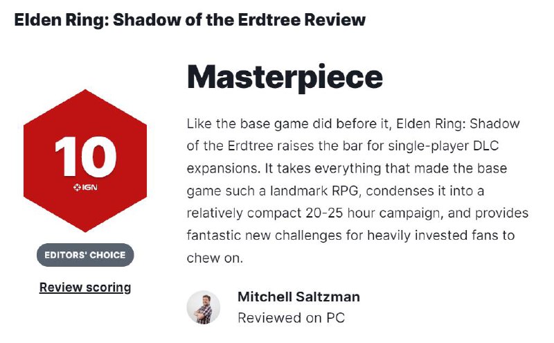 《艾尔登法环：黄金树之影》媒体评分现已解禁，IGN和GameSpot均为其给出10分的满分评价，目前游戏在MC上的媒体均分为95分，成为游戏史上评分最高的DLC​​​