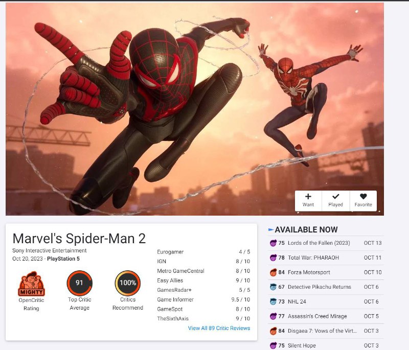 《漫威蜘蛛侠2》媒体评分现已解禁，目前M站均分为91分，共收录112家媒体，其中IGN和Gamespot均给出了8分