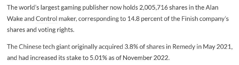 据VGC报道，腾讯已增持《心灵杀手》开发商Remedy的股份，目前持有2,005,716股，相当于股份和投票权的14.8%