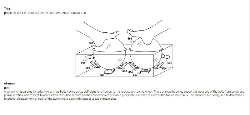 索尼近日发布了两款用脚操控 AR/VR 控制器的专利，第一个是球体控制器，每个球下方有三个或更多轴承支持，可以在至少两个方向上旋转