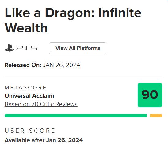 《如龙8》欧美媒体评分解禁：MC均分90（70家媒体）《如龙8》欧美媒体评分解禁：MC均分90（70家媒体）