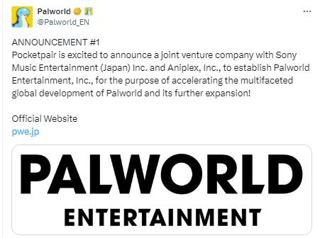《幻兽帕鲁》官推宣布，已和索尼音乐娱乐及其旗下动画公司「Aniplex」成立合资公司「Palworld Entertainment」，旨在加速《幻兽帕鲁》全方位的发展，扩大IP的影响力