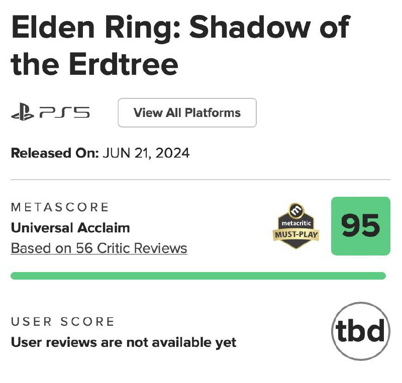 《艾尔登法环：黄金树之影》媒体评分现已解禁，IGN和GameSpot均为其给出10分的满分评价，目前游戏在MC上的媒体均分为95分，成为游戏史上评分最高的DLC​​​