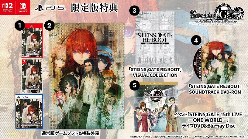 MAGES.宣布，《命运石之门 RE:BOOT》首批实体版特别特典将附赠2011年作为PC平台发售的指令输入式冒险游戏《命运石之门变移空间的八重奏》下载码，此次为该作品首次移植到主机游戏平台，本作将于8月20日发售，登陆PC/NS2/NS/PS5/PS4/Xbox Series X|S 平台，支持中文