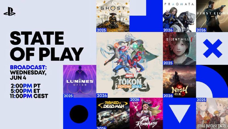 PlayStation今早举行了最新一期State of Play，要点内容整理如下：PlayStation公布格斗摇杆外设 🔗《Pragmata》2026年发售 🔗《寂静岭f》9月25日发售 🔗《仁王3》α体验版上线，2026年发售 🔗《宇宙机器人》更新 🔗《羊蹄山之魂》新实机演示7月公开 🔗《罗密欧已死》2026年发售 🔗《Lumines Arise》秋季发售 🔗《赤痕：绯红契约》2026年发售 🔗《数码宝贝物语 时空异客》10月3日发售 🔗《最终幻想 战略版》高清复刻版9月30日发售 🔗《一步一脚印》9月9日发售 🔗《Hirogami》9月3日发售 🔗《忍者外传：怒之羁绊》7月31日发售 🔗《孤山独影》11月5日发售 🔗《真人快打：Legacy Kollection》今年发售 🔗《合金装备Δ：食蛇者》最新实机演示 🔗《Thief VR: Legacy of Shadow》今年发售 🔗《明日潮汐》2026年2月24日发售 🔗《遗忘之海》新预告 🔗《Sword of the Sea》8月20日发售 🔗《007：黎明曙光》2026年发售 🔗《Marvel Tokon Fighting Souls》2026年发售 🔗