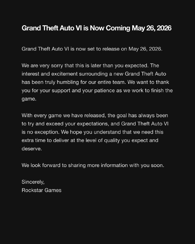 Rockstar Games宣布《GTA6》将于2026年5月26日发售