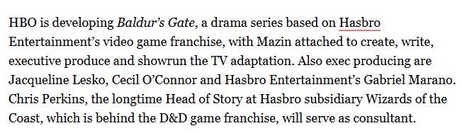 据Deadline报道，HBO计划将《博德之门3》 改编为真人剧集