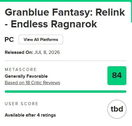 《碧蓝幻想 Relink》DLC「​​​无尽黄昏」媒体评分解禁，M站PC版均分84，共收录18条媒体评价