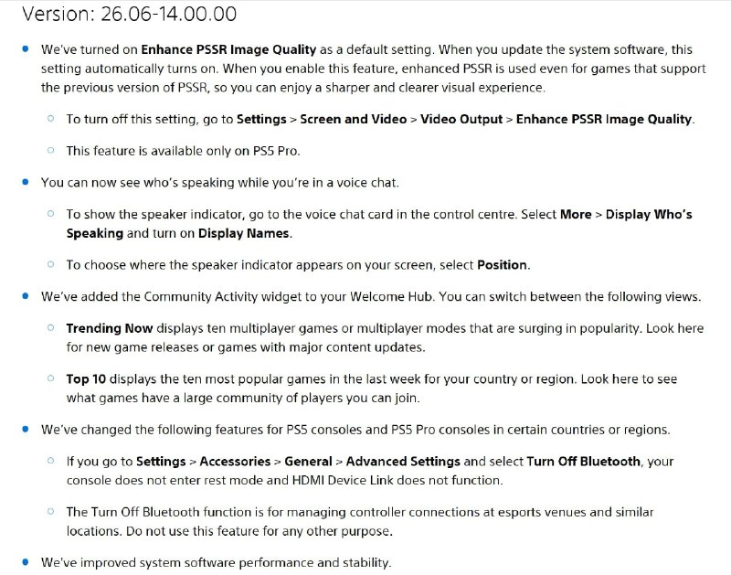 PS5 系统软件 26.06-14.00.00 版本更新日志公布，本次更新涉及 PSSR 画质增强、语音聊天提示及欢迎中心小组件等功能