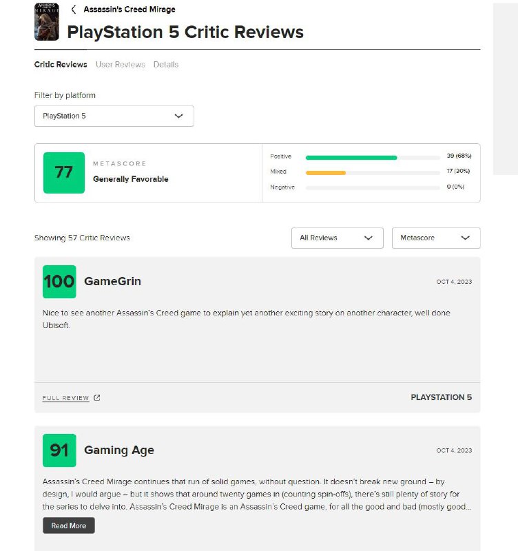 《刺客信条：幻景》媒体评分现已解禁，目前PS版M站均分为77分，共收录57家媒体，其中IGN和给出了8分的评分