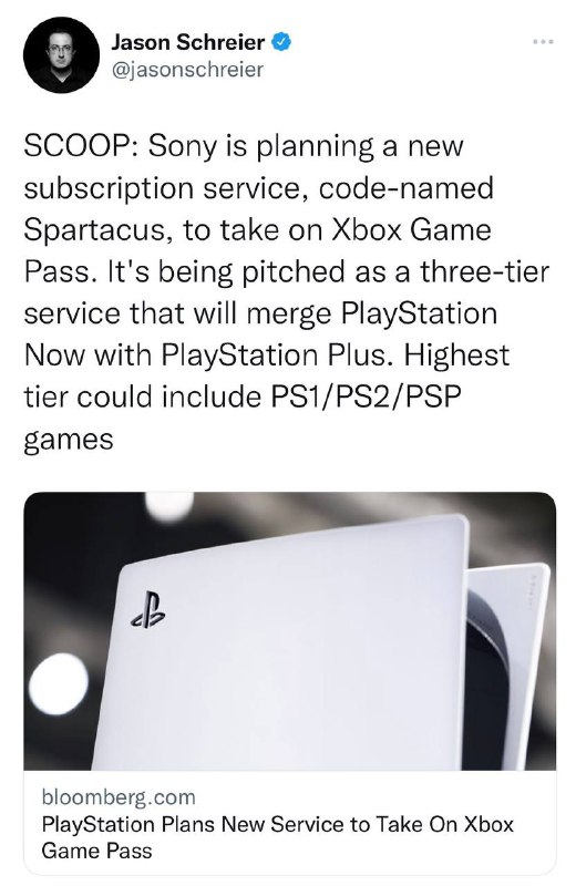 #传闻据彭博社报道，索尼正在计划推出一项新的订阅服务，代号为「Spartacus」，以对抗微软的Xbox Game Pass，或将包含三个级别