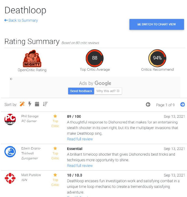 Arkane 的新作《死亡循环》今天放出了媒体评价，本作获得了媒体的一致好评，其中IGN和GameSpot都打出了10分的高分，MC（40名评论员）打出89分，OC（49名评论员）打出88分