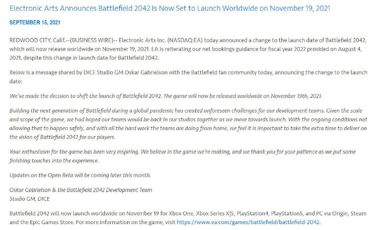 EA在其官网宣布《战地2042》因为疫情的影响延期至11月19日发售，届时游戏将登陆PS4/PS5/Xbox One/Xbox Series X|S/PC平台