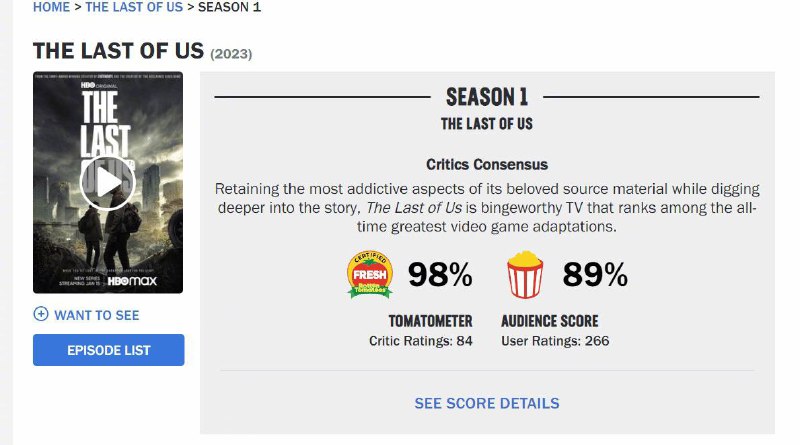 HBO MAX真人剧版《最后生还者：第一部》已正式上线，烂番茄新鲜度98%，MC均分84分