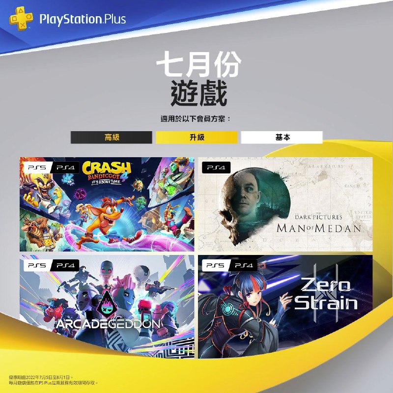 #会免 #港服 2022年7月港服会免现已公布：PS4/PS5 | 「古惑狼4：时机已到」PS4/PS5 | 「Arcadegeddon」PS4/PS5 |「Zero Strain」PS4 | 「黑相集：棉兰号」领取时间为7月5日至8月1日