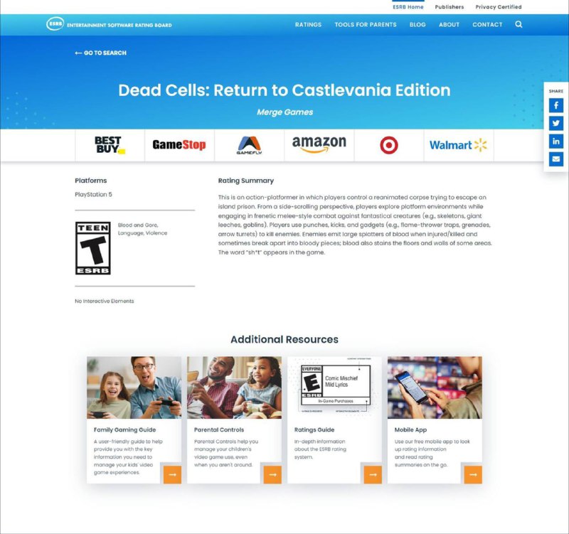 《死亡细胞 重返恶魔城版》PS5版的消息出现在美国ESRB网站，似乎是收录“重返恶魔城”DLC的《死亡细胞》原生PS5版本，目前尚不知是否会登陆其他平台或推出实体版本