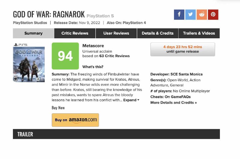 《战神 诸神黄昏》全球媒体评分解禁，IGN 10分、GameSpot 9分，Gameinformer 9.5分，目前MC均分94，收录96家媒体