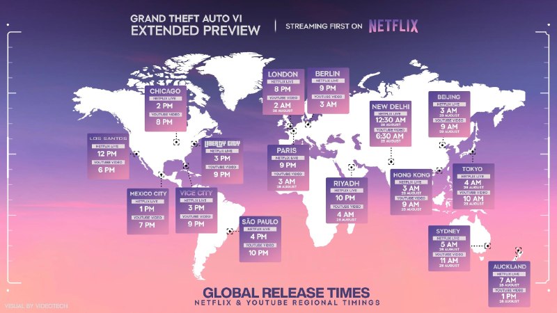 《GTA6》加长预览节目各地区开播时间北京时间8月28日凌晨3点在Netflix播出，上午9点上线YouTube和官网