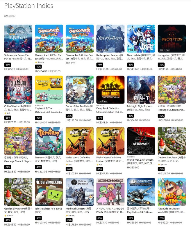 PS商城今日开启「PlayStation Indies」活动，本次优惠活动约有866款游戏内容参与打折，其中《茶杯头》《胡闹厨房：全都好吃》《邪恶冥刻》《咩咩启示录》等各种独立游戏参与折扣，6月21日截止，感兴趣的玩家可以前往优惠页面查看